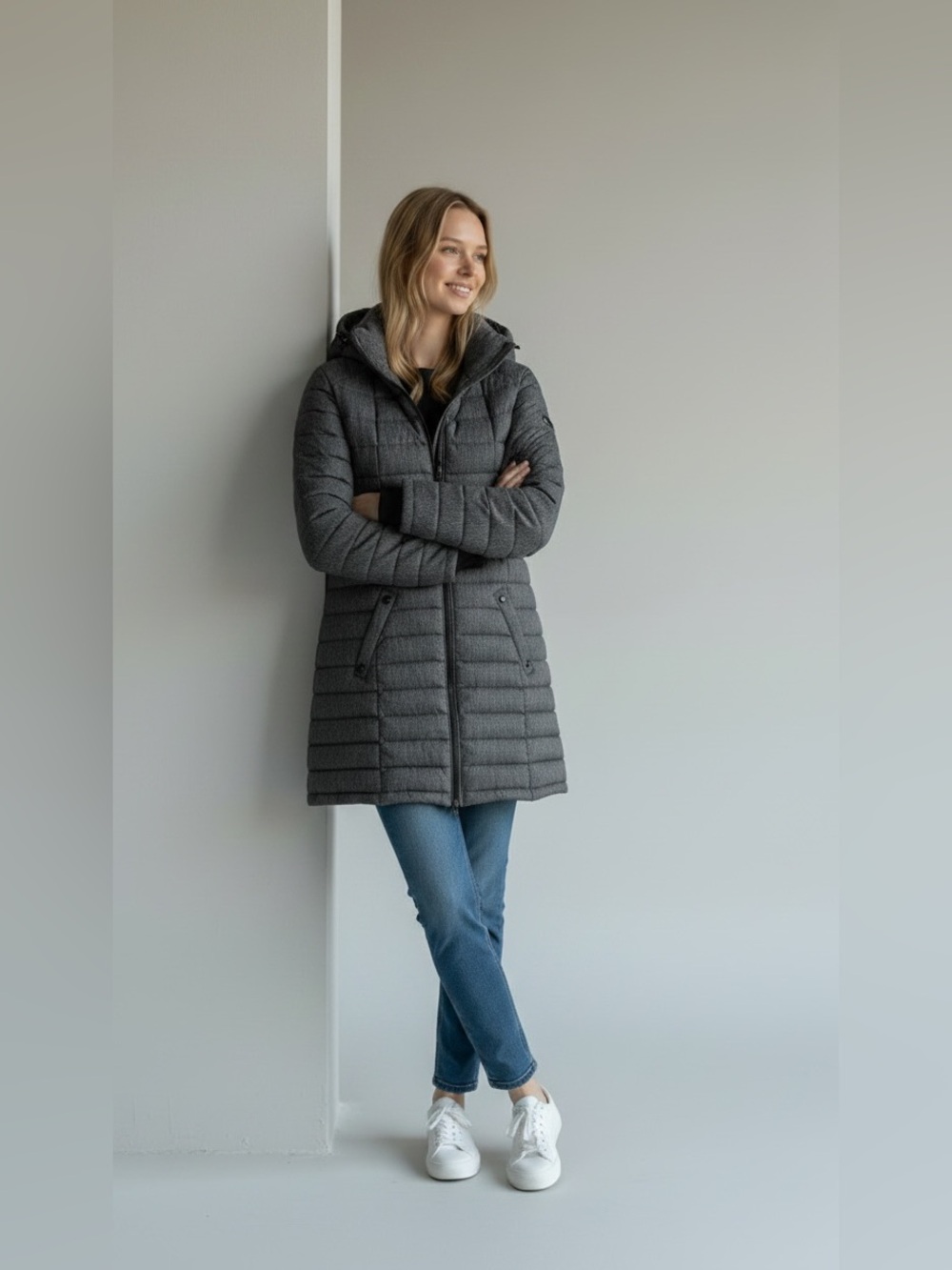 EUC HFX Long Hooded Puffer Coat in Charcoal Gray Size S